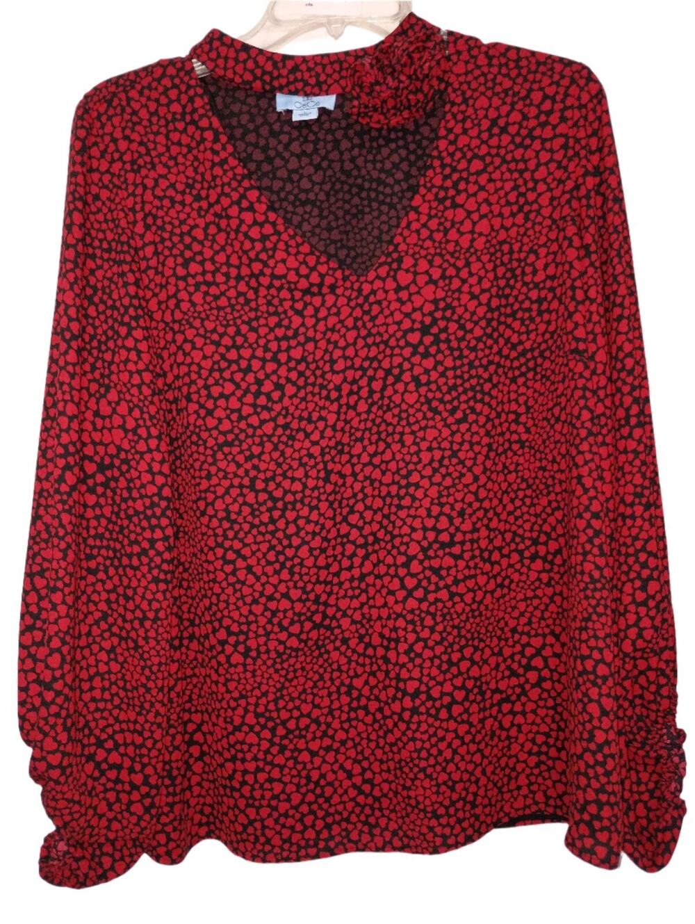 CeCe Red Hearts Blouse Large L NWT Balloon Sleeve 3D Rosette Choker Mock Neck